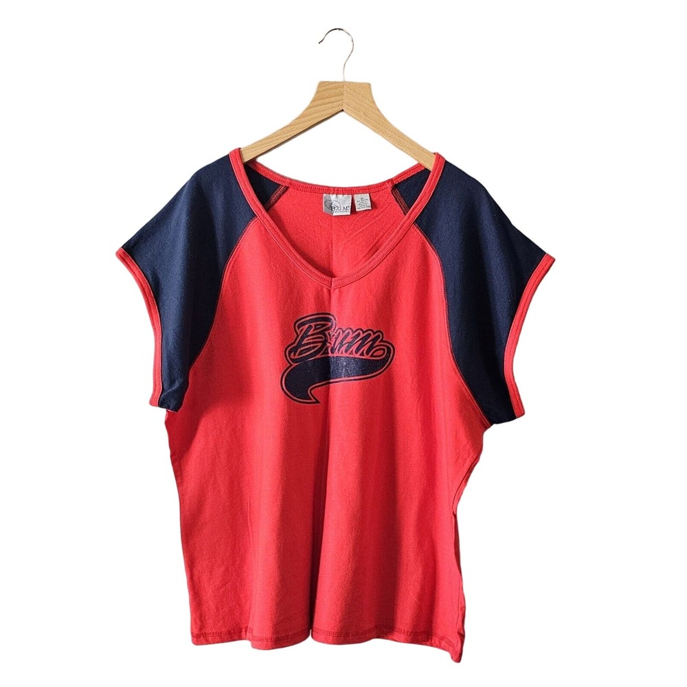 B.U.M. Equipment Womens Sz 2X Red Blue Logo Cropped Raglan Baseball T-Shirt Top